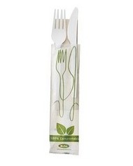 Bis forchetta + coltello + tovagliolo in fibra di mais CPLA packaging compostabile con grafica 16cm 250pz