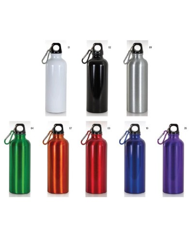 Borraccia in alluminio (500ml), con tappo in plastica e moschettone Ø6,5cmx21h