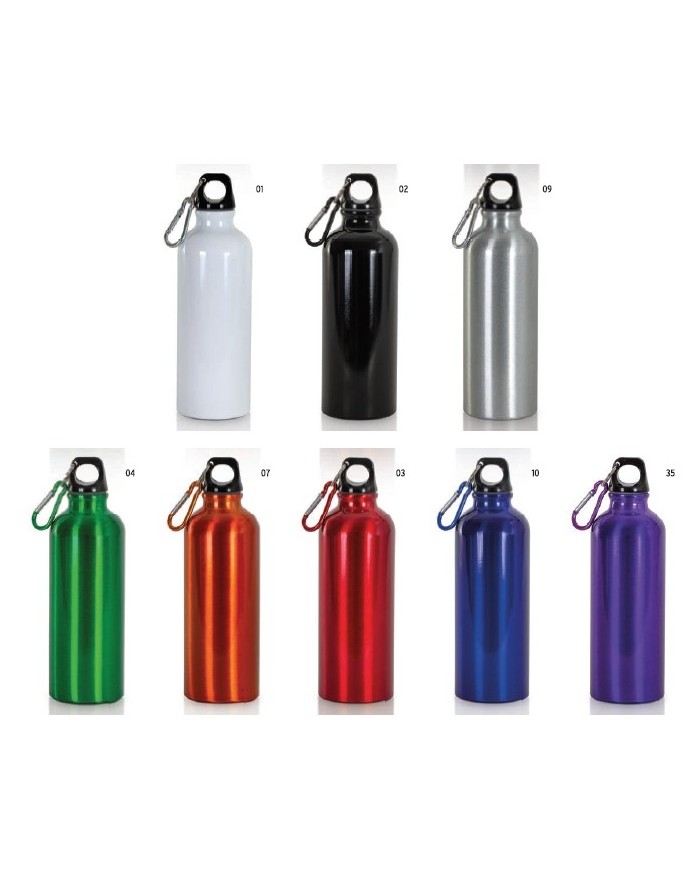 Borraccia in alluminio (500ml), con tappo in plastica e moschettone Ø6,5cmx21h