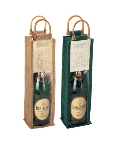 Borsa portabottiglia in juta con finestra in pvc trasparente e manici in bamboo (1 bottiglia)