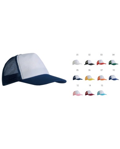 Cappellino in poliestere 5 pannelli con calotta a rete e regolazione in velcro