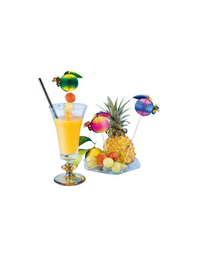 Decorazione con tucano in carta e spiedo in legno 18cm 100pz