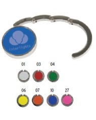 Gancio appendiborsa tondo in metallo, richiudibile con chiusura rafforzata da due magneti, confezionato in scatoletta nera