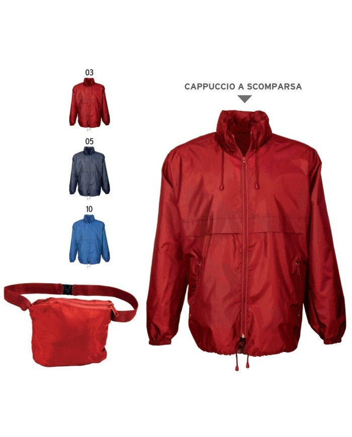 Giacca a vento in poliestere 190T con cappuccio a scomparsa con zip, 2 tasche frontali, richiudibile a marsupio Tg.M-L-XL