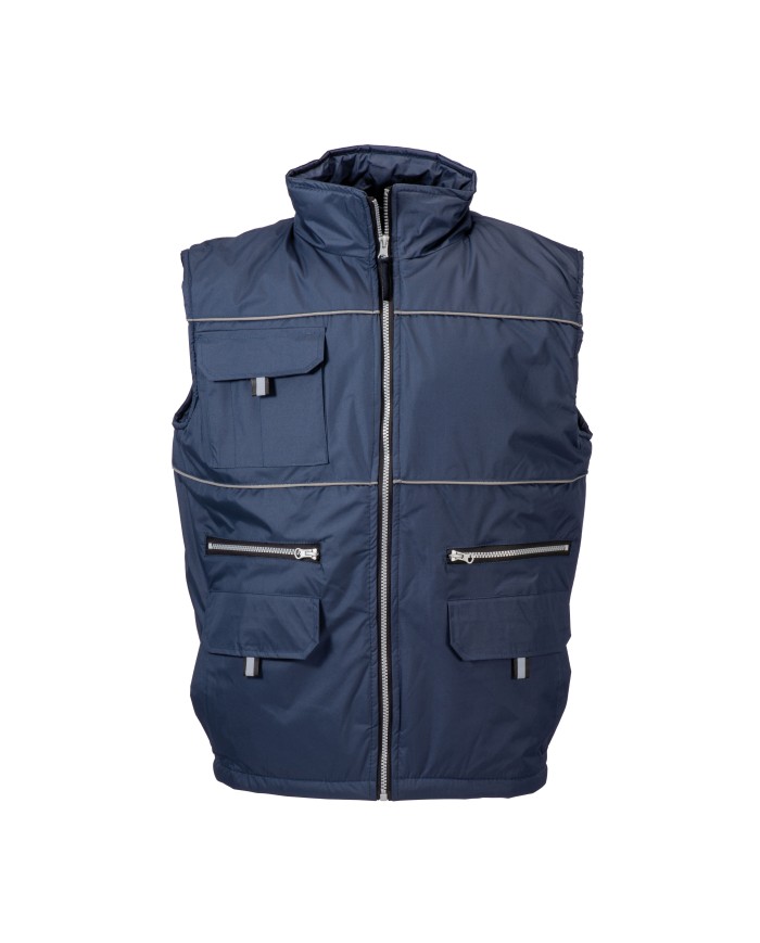 Gilet imbottito di poliestere impermeabilizzato con profili catarifrangenti, foderato internamente con rete pongee Tg.S-XXL