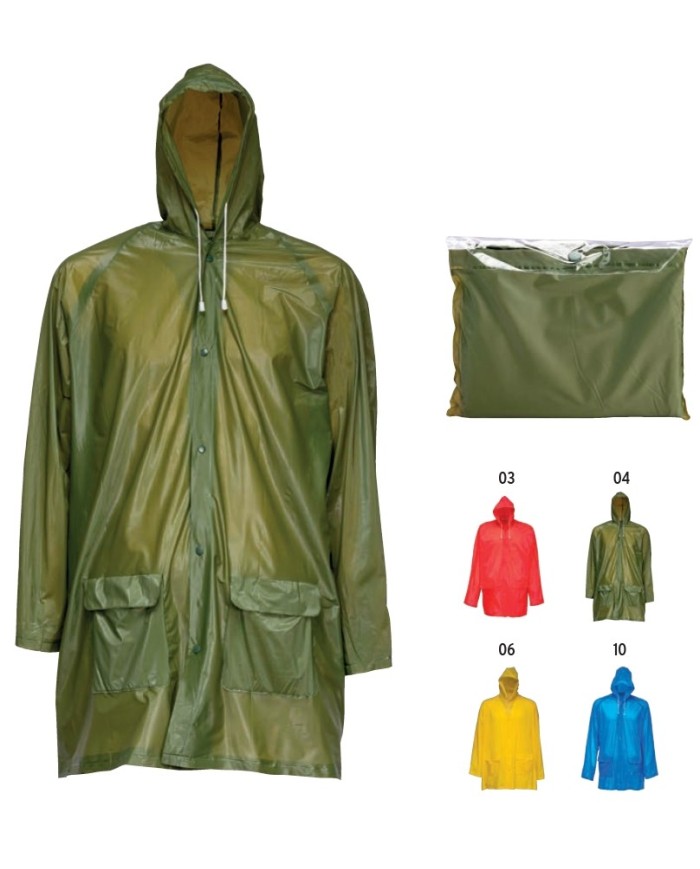 Impermeabile in pvc goffrato con cappuccio e 2 tasche frontali, inserito in bustina Taglia unica