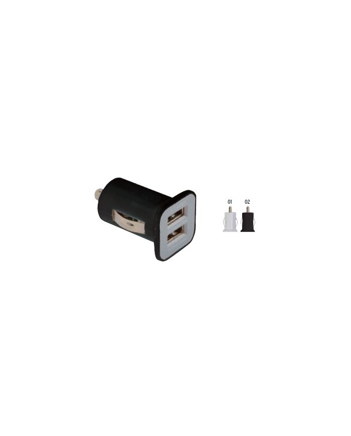 Micro caricabatterie USB da auto , con doppia porta USB . Input 12 V, Output una porta da 5V/1000 mA e una da 5V/2100 mA