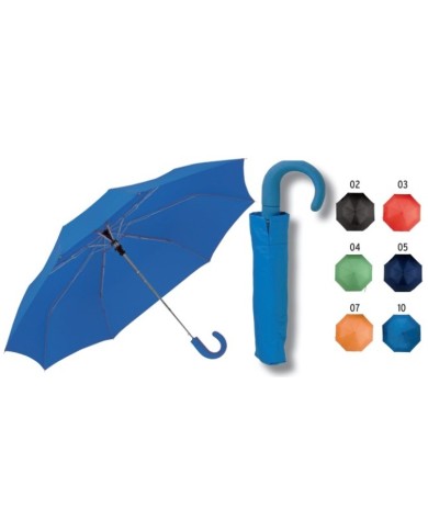 Mini ombrello automatico con manico curvo gommato e astuccio in tinta