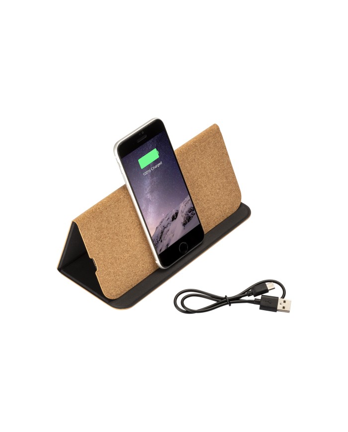 Mousepad e supporto per cellulare in sughero, con caricabatterie wireless integrato, interno in PU. Cavo di ricarica USB incluso