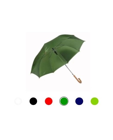Ombrello automatico tinta unita, fusto e puntale in acciaio, manico curvo in legno