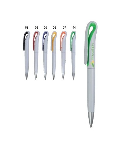 Penna a scatto in plastica con fusto bianco e clip curva con interno colorato, refill jumbo