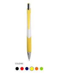 Penna a scatto in plastica con fusto bianco, impugatura gommata e colorata, punta e pulsante color cromato