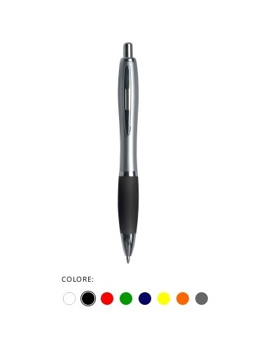 Penna a scatto in plastica, con fusto argentato, impugnatura colorata gommata e clip in metallo, refill jumbo