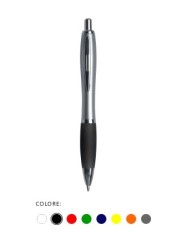 Penna a scatto in plastica, con fusto argentato, impugnatura colorata gommata e clip in metallo, refill jumbo