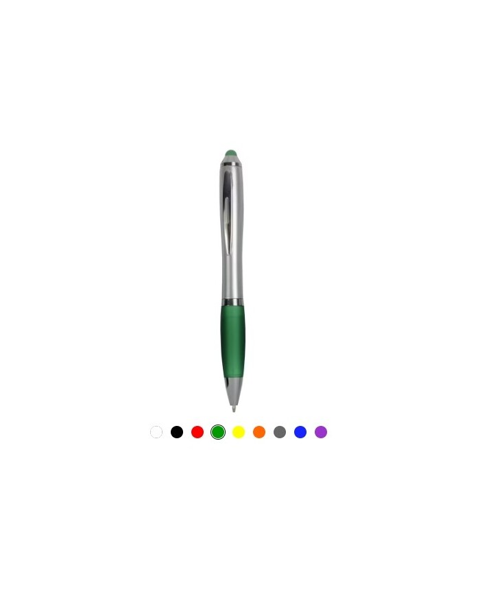 Penna twist in plastica con fusto argentato, impugnatura gommata colorata in tinta con il gommino per touch screen