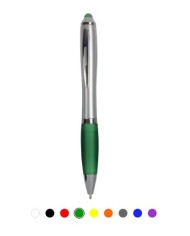 Penna twist in plastica con fusto argentato, impugnatura gommata colorata in tinta con il gommino per touch screen