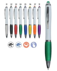 Penna twist in plastica con fusto bianco, impugnatura gommata colorata in tinta con il gommino per touch screen