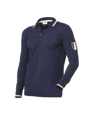 Polo manica lunga blu con bordi tricolore e stemma su spalla Taglie: S-3XL