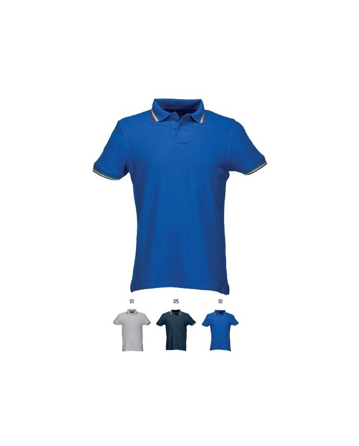 Polo piqué di cotone 100% 180 g/m2, manica corta, bordi in tricolore e chiusura con 2 bottoni TG.S-XXL
