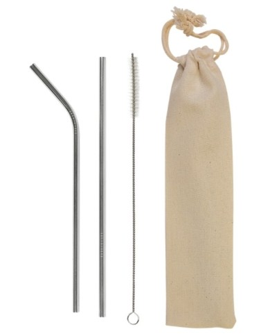 Set con due cannucce in acciaio inossidabile e uno
scovolino per la pulizia, bustina in cotone