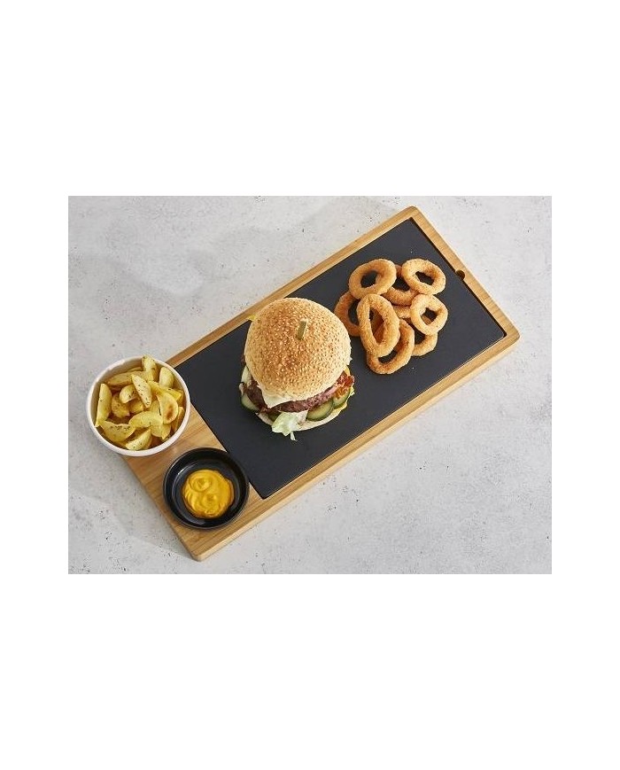 Set per hamburger composto ciotolina nera, ciotola in melamina, tagliere nero in melamina, base in bamboo