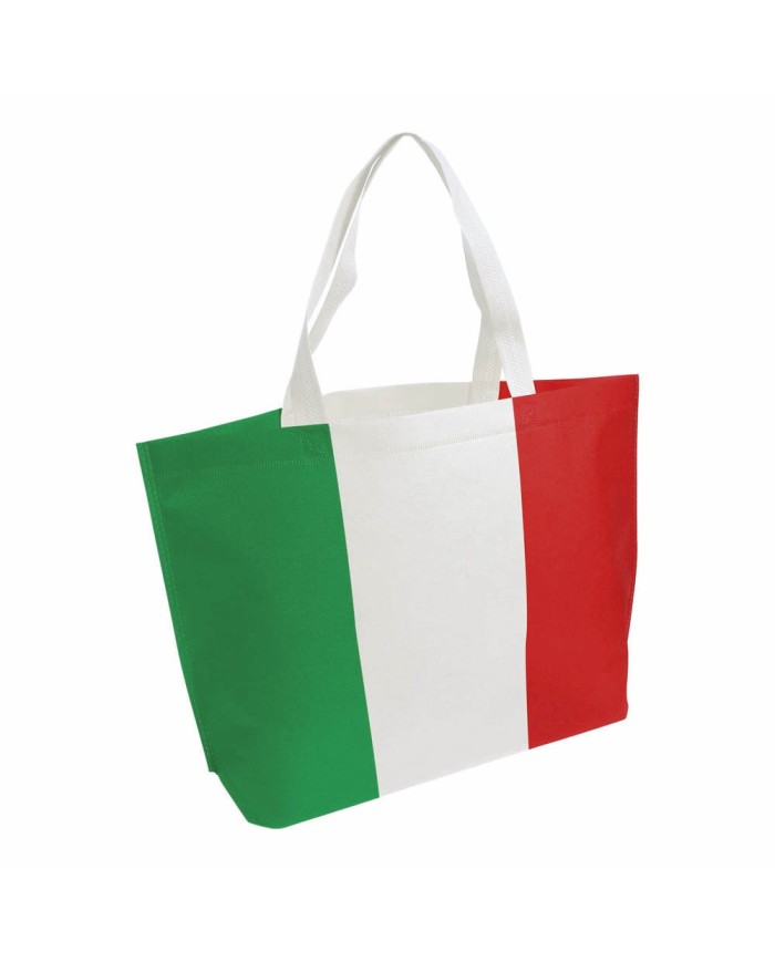 Shopper in TNT termosaldato con stampa tricolore, soffietto alla base e manici lunghi 44x30x10cm