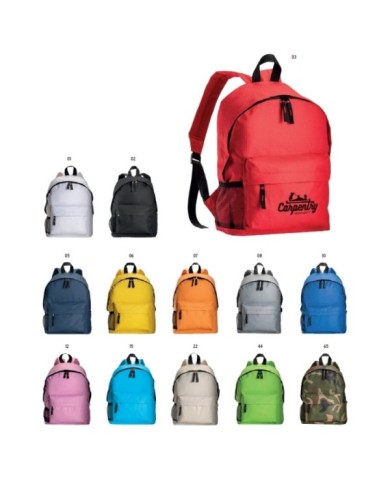 Zaino in poliestere 600D con 3 tasche, di cui una laterale retinata. Spallacci regolabili e schienale imbottito