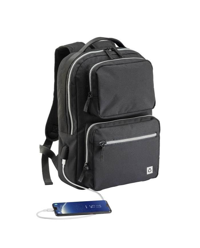 Zaino porta pc r-pet con presa USB. Compartimento imbottito per notebook. sistema di aggancio ai trolley